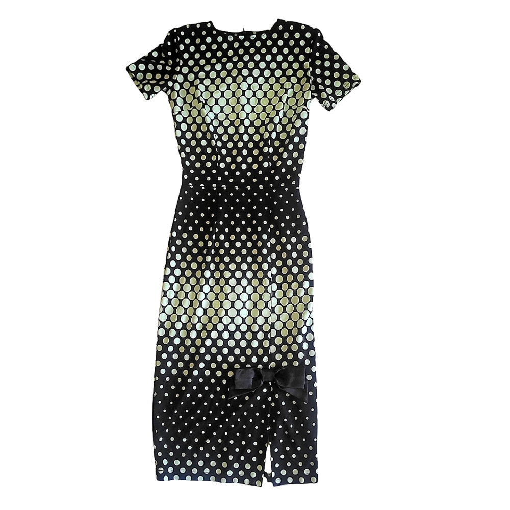 Tatyana Retro 60's-Inspired XS Black-Green Polka Dot Bodycon Midi Dress with Bow